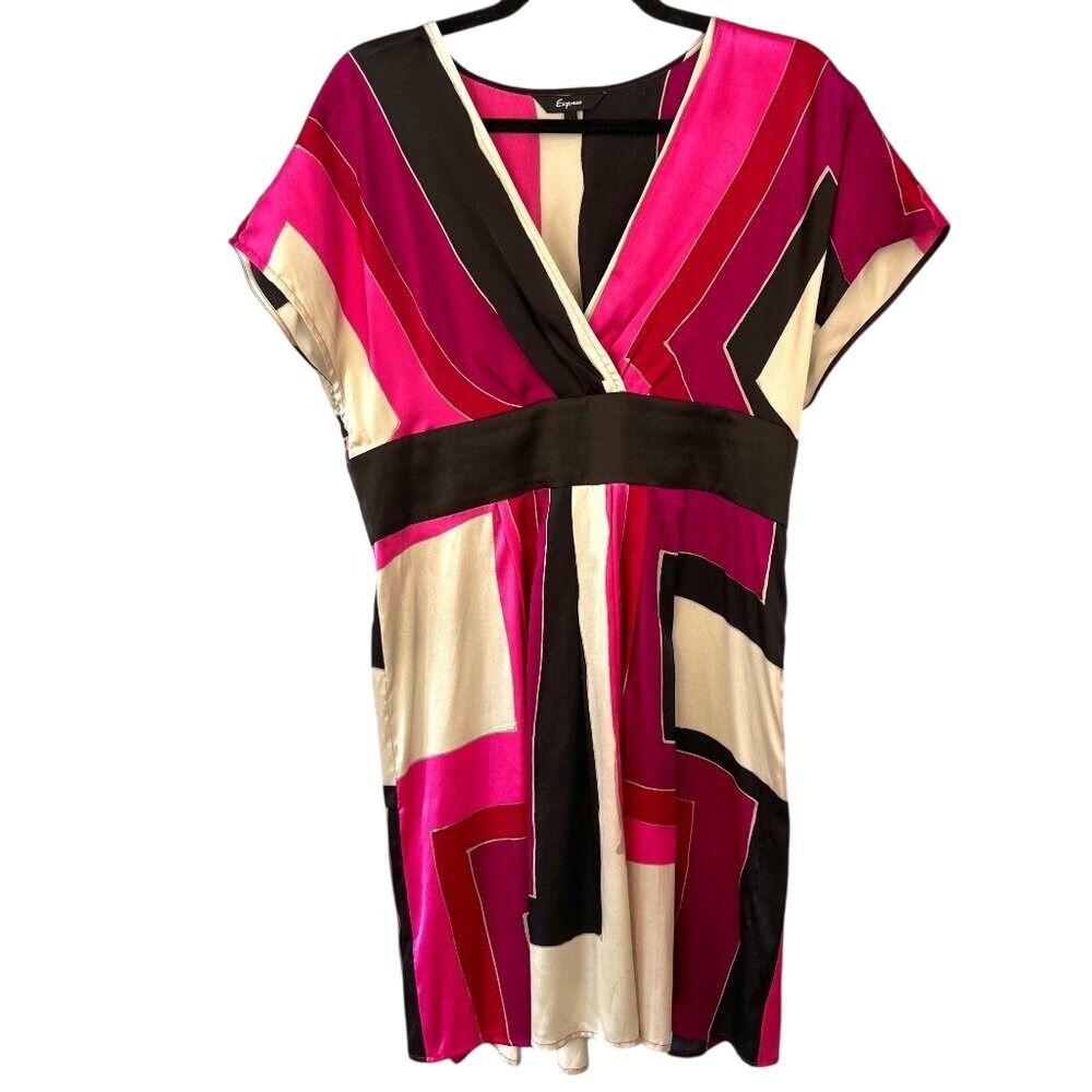Vintage Express Y2K Silk Dress Fuchsia Black Silver Geometric Pattern Size L